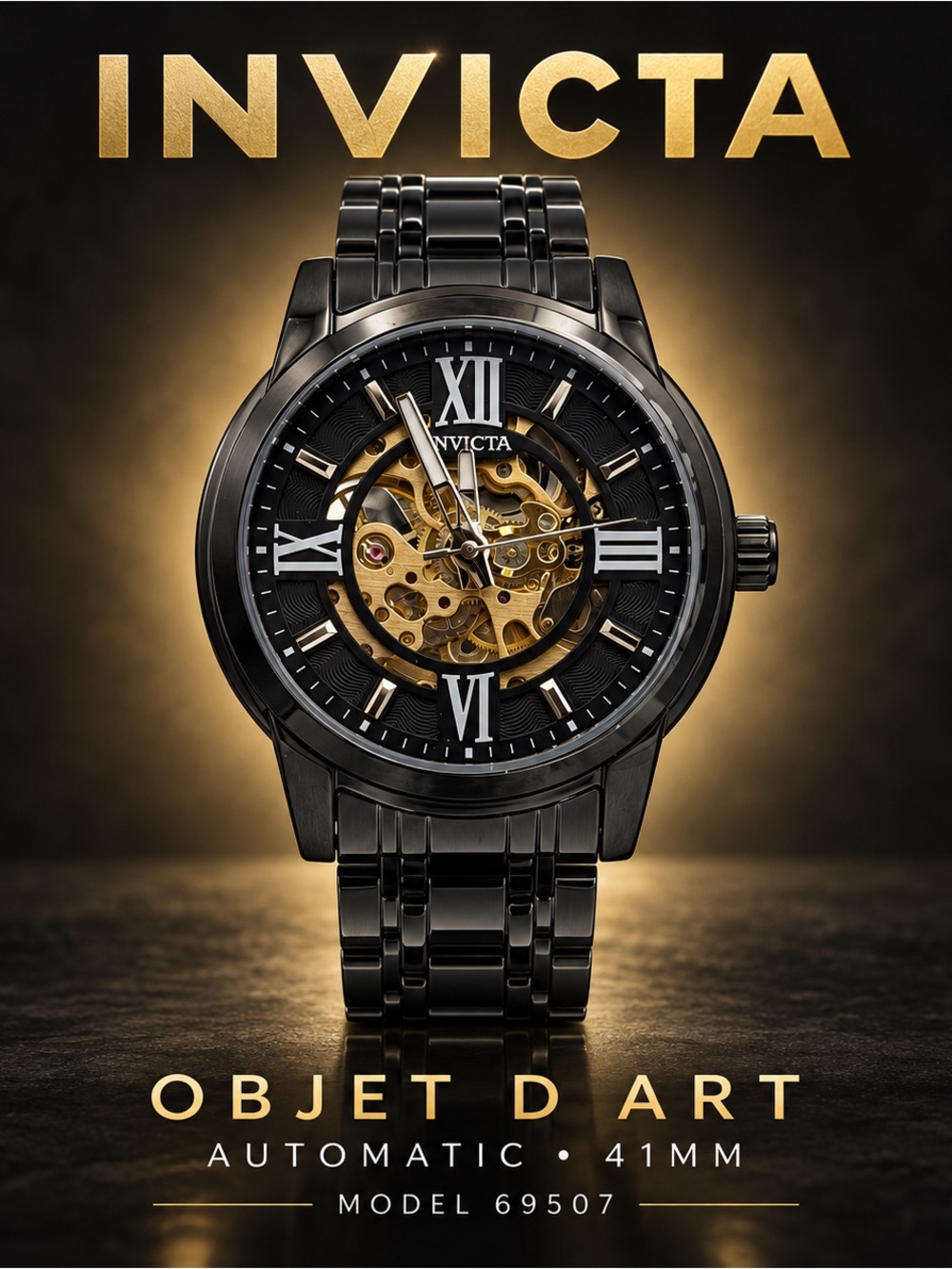 Invicta Objet D Art 69507 Black Skeleton Automatic Watch 41mm NWT